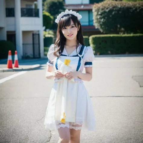 (best quality),[masterpiece],((beautiful:0.75) cute girl:0.75),(EOS R8,50mm,F1.2,8K,RAW photo:1.2),Professional,ultra-fine painting,((maid costume)),long hair,standing,outdoors,street,(front:1.3),sayakayamamoto, <lora:SayakaYamamotoBRAv2-000009:0.9>