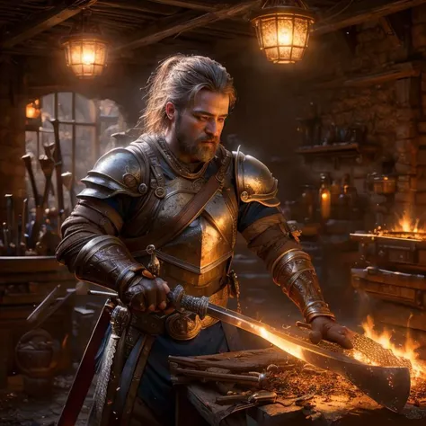 (masterpiece:1.2), (best quality,:1.2), 8k, HDR, ultra detailed, ((photorealistic)), perfect anatomy, professional light, cinematic lighting, fashion photography, ambient lighting,<lora:detail_slider_v4:3>, a fantasy smithy, forge, weapons, FanInt, ((perfect hands)), <lora:FantasyInteriors-10:0.8>, epiCPhoto