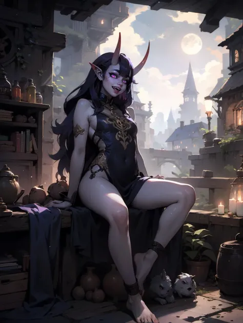 1girl, (grey skin, purple skin:1.4), dark skin, (oni, oni horns), sitting, relaxed, demon girl, (long black hair, cute hairstyle, messy hair), lots of hair, (large eyes, glowing eyes, purple eyes), (slit pupils), lithe, thin, sinuous, (toned body, strong, fit), sweaty, sweat, wild, lewd, sadistic expression, evil grin, cruel, small hands, small feet, iron collar, iron shackles, aroused, feral, full body, dynamic, (inhuman, femdom), bangles, exotic, fantasy species, sorceress dress, sexy one-piece, silk, (fangs), (medieval fantasy, cozy home, comfortable room, indoors, late night, night:1.4, warm atmosphere, luxurious hearth, deep shadows, rich wood, adventurer's home), (best quality:1.2, sharp clarity, great skin detail, photorealistic, detailed features, magical realism), analog style, raw photograph, feet, toes, barefoot, from below, <lora:FantasyInteriors-10:0.4> FanInt, <lora:0n1 - RedOni:0.2> 0n1, <lora:HerzhaX_V2:0.3> herzhax, <lora:shuten_douji_fate-10:0.3> short eyebrows, <lora:PickleEyebrowsv01-02:0.4> pickle eyebrows, <lora:cut3h0rnstyl3:0.4> cut3h0rnstyl3, <lora:Night:0.3> fantasy, tree, Medieval fantasy world, Moonlight at night, <lora:Night scene_20230715120543:0.3> Night scene