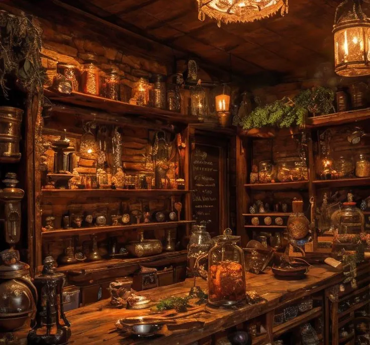 (masterpiece:1.2), (best quality,:1.2), 8k, HDR, ultra detailed, ((photorealistic)), perfect anatomy, professional light, cinematic lighting, fashion photography, ambient lighting,<lora:detail_slider_v4:3>, a magical fantasy alchemy shop, counter, herbs, ingredients, shelves, cauldron, FantInt, ((perfect hands)), <lora:FantasyInteriors-10:0.8>, epiCPhoto