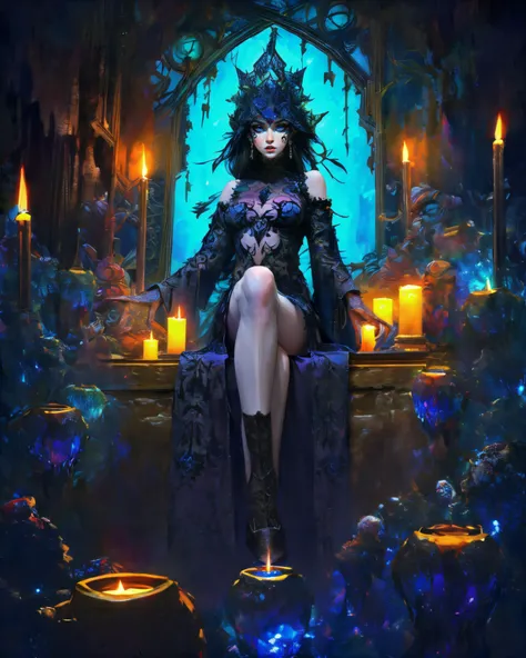 16K, Best Quality, High Quality, Highres, Masterpiece, Ultra Detailed, (medium shot:1.5),foreshortening, dynamic angle, creative composition, a beautiful girl, perfecteyes glowing crystal blue eyes, black hair, candles, glowing hands, (pale skin, shiny skin, oily skin:1.2), sitting, g0thsh33rb0dysu1t, thigh boots, see-through leotard, wide sleeves, long sleeves, earrings, navel piercing, nose ring, FantInt, a medieval alchemist laboratory, skulls, volumetric smoke, volumetric lighting, cinematic lighting, ambient lighting, Photorealism Style, Hyperrealism Style, Hypermaximalist, <lora:Fashion\g0thsh33rb0dysu1t:0.7>, <lora:Utilities\lora_perfecteyes_v1_from_v1_160:1.0>, <lora:Utilities\FantasyInteriors-10:1.0>, <lora:Utilities\detail_slider_v4:1.0>,