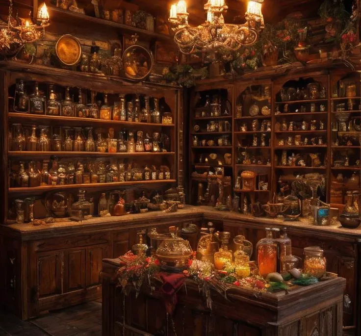 (masterpiece:1.2), (best quality,:1.2), 8k, HDR, ultra detailed, ((photorealistic)), perfect anatomy, professional light, cinematic lighting, fashion photography, ambient lighting,<lora:detail_slider_v4:3>, a magical fantasy alchemy shop, counter, herbs, ingredients, shelves, cauldron, FantInt, ((perfect hands)), <lora:FantasyInteriors-10:0.8>, epiCPhoto