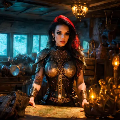 (masterpiece:1.2), (best quality,:1.2), 8k, HDR, ultra detailed, ((photorealistic)), perfect anatomy, professional light, cinematic lighting, fashion photography, ambient lighting, face lighting, Starfu, <lora:Starfu-10:1>, earrings, choker, dark makeup, long and wild and messy hair, ((upper body shot)), dynamic pose, looking at viewer,<lora:detail_slider_v4:3>, wearing intricate leather armor and a cloak, standing behind a table in a dark room with a fireplace, looking at an ancient map on the table, ((perfect hands)), FanInt, <lora:FantasyInteriors-10:0.5>, epiCPhoto