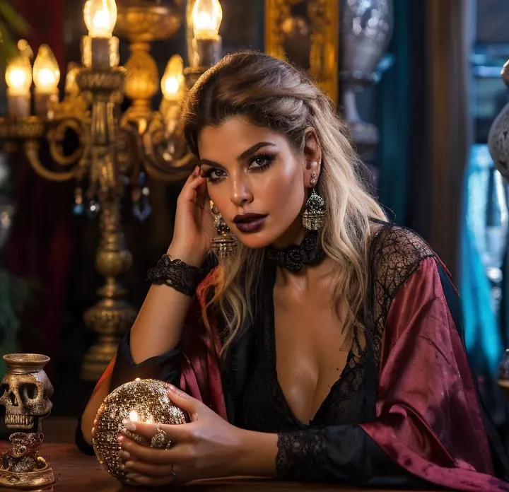 (masterpiece:1.2), (best quality,:1.2), 8k, HDR, ultra detailed, ((photorealistic)), perfect anatomy, professional light, cinematic lighting, fashion photography, ambient lighting, Bridgette, <lora:Bridgette-10:1>, earrings, choker, jewelry, dark makeup, long and wild and messy hair, ((upper body shot)), dynamic pose, looking at viewer, as a fortune teller, wearing robes, <lora:detail_slider_v4:2.5>, <lora:RPGFortuneTeller:0.6>, in a fortune teller shop, round table with chrystal ball, a skull, a candle, mysterious lighting, FantInt ((perfect hands)), <lora:FantasyInteriors-10:0.>, epiCPhoto