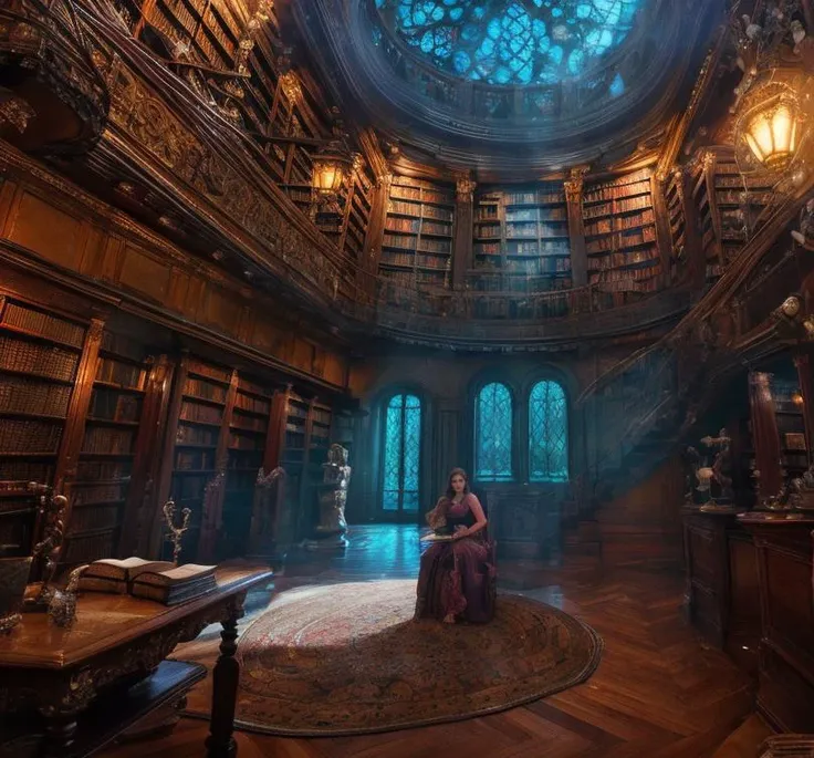 (masterpiece:1.2), (best quality,:1.2), 8k, HDR, ultra detailed, ((photorealistic)), perfect anatomy, professional light, cinematic lighting, fashion photography, ambient lighting,<lora:detail_slider_v4:3>, a magical fantasy library, FantInt, ((perfect hands)), <lora:FantasyInteriors-10:0.8>, epiCPhoto