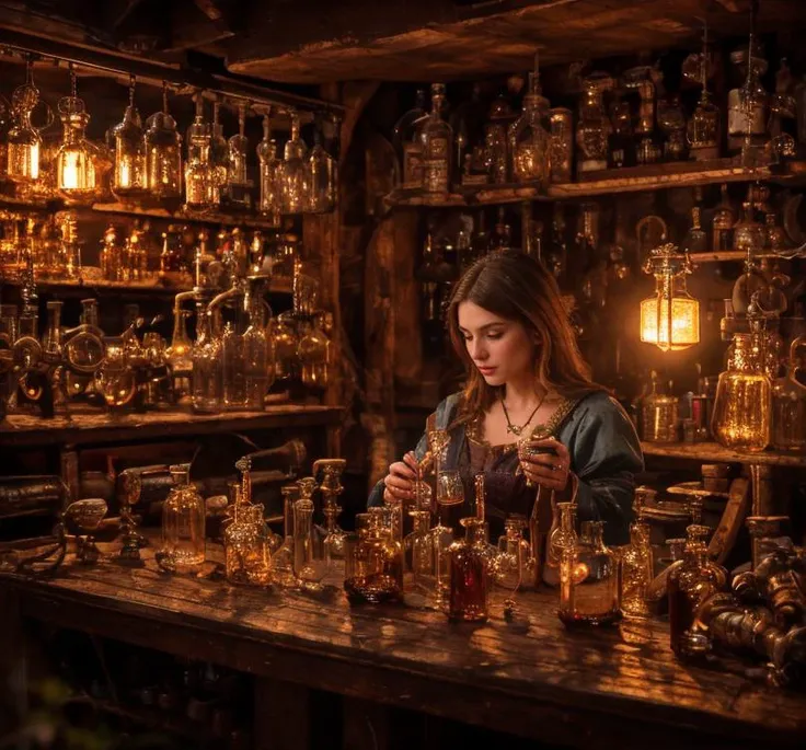 beautiful ginger women in detailed dress at cozy detailed potions shop, air above hair, IPA award wining, masterpiece, best lighting, best shadows, best reflections,