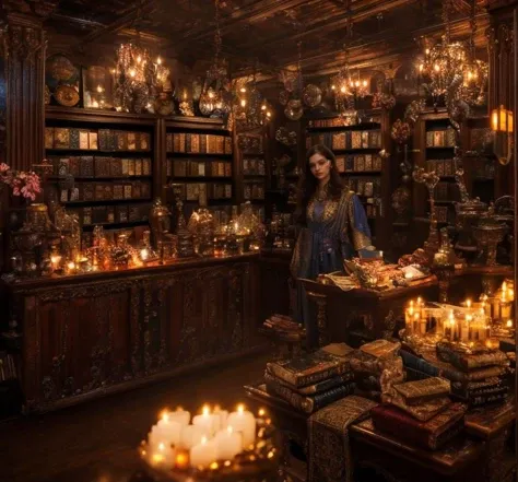 (masterpiece:1.2), (best quality,:1.2), 8k, HDR, ultra detailed, ((photorealistic)), perfect anatomy, professional light, cinematic lighting, fashion photography, ambient lighting,<lora:detail_slider_v4:3>, a sinister fantasy book shop, counter, FantInt, ((perfect hands)), <lora:FantasyInteriors-10:0.8>, epiCPhoto