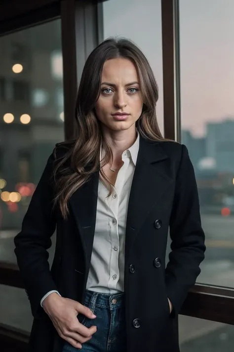 photo of N4t4sh4St4rr_HM-135, a woman, perfect hair, (modern photo), wearing black jeans, black button-up shirt, wool coat, 135mm medium telephoto (analog, cinematic, film grain:1.3), Interstellar Trading Post, Marketplace with exotic goods, alien species, and diverse intergalactic cultures., detailed eyes, professional pose, (epiCPhoto), (looking at viewer:1.1), (cinematic shot:1.3), (butterfly style lighting), OverallDetail