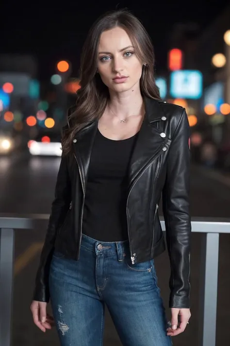 photo of N4t4sh4St4rr_HM-135, a woman, perfect hair, (modern photo), wearing black jeans and motojacket, 85mm medium telephoto (analog, cinematic, film grain:1.3), AR City, Augmented reality city with interactive holograms, virtual storefronts, and immersive digital ads., detailed eyes, professional pose, (epiCPhoto), (looking at viewer:1.1), (cinematic shot:1.3), (broad style lighting), OverallDetail