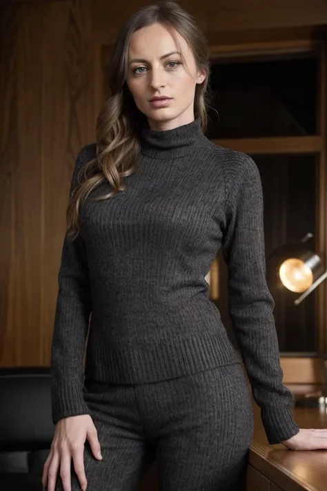photo of N4t4sh4St4rr_HM-135, a woman, perfect hair, (modern photo), wearing long sweater and slacks, 85mm standard (analog, cinematic, film grain:1.3), Energy Harvesting Facility, Complex harnessing energy from solar, wind, and advanced fusion reactors., detailed eyes, professional pose, (epiCPhoto), (looking at viewer:1.1), (cinematic shot:1.3), (Rembrandt style lighting), OverallDetail