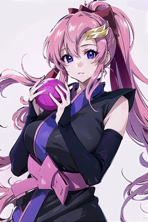 <lora:lacusClyneGUNDAMSEED_v1:0.8>
(masterpiece, best quality, ultra-detailed, highres), 
1girl, gigantic breasts, detailed face,lacus3, pink hair, short kimono, blue eyes, hair ornament, very long hair, black sleeves, sleeveless, japanese clothes, bridal gauntlets, bow, black kimono, hair bow, ponytail, floating hair, hair between eyes, HOLDING BALL,(anime:1.2), upper body,