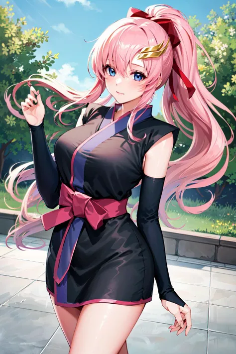 masterpiece, best quality, highres, lacus3, 1girl, solo, lacus3, pink hair, short kimono, blue eyes, hair ornament, very long hair, black sleeves, sleeveless, japanese clothes, bow, black kimono, hair bow, ponytail, floating hair, hair between eyes, large breasts, <lora:lacus_clyne_v10:0.6>, cowboy shot, outdoors, walking,