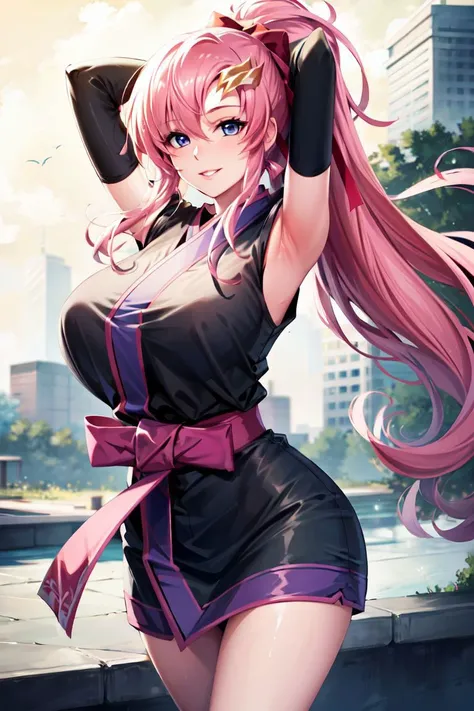 masterpiece, best quality, highres,absurdres,ray_tracing,intricate details,depth of field, extremely delicate and beautiful,(illustration:1.0),,1girl, cowboy shot,
1girl, solo, lacus3, pink hair, short kimono, blue eyes, hair ornament, very long hair, black sleeves, sleeveless, japanese clothes, black kimono, hair bow, ponytail, floating hair, hair between eyes, large breasts
outdoors
standing on one leg, arms up, armpits,
makeup, parted lips, (seductive smile:1.2),
huge breasts, mature female, milf, mature,, <lyco:GoodHands-beta2:1.0>