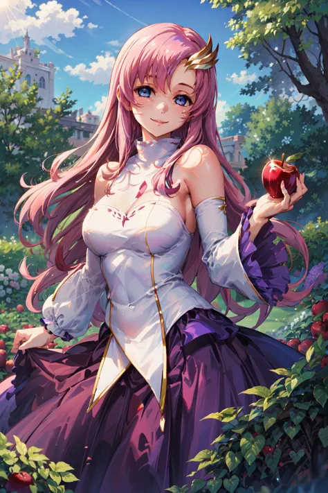 masterpiece,best quality,1girl,lacus clyne,lacus1,pink hair,straight hair,hair ornament,white detached sleeves,blue eyes,white dress,purple skirt,very long hair,bare shoulders,large breasts,smile,holding an apple,in garden,<lora:lacus_clyne_v10:0.6>,