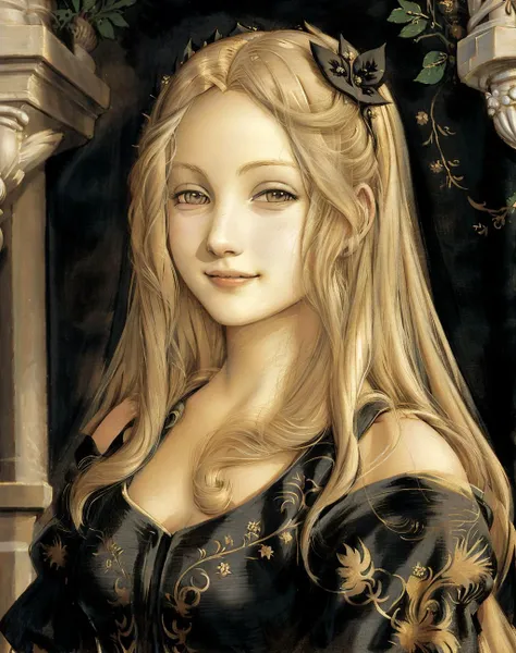 renaissance,
Masterpiece,smiling, excited, <lora:grd:0.75>, beautiful grd_woman, a woman with long blonde hair and a black dress ,perfect grd_face, perfect grd_body,painted in renaissance style <lora:renaissance:0.9>