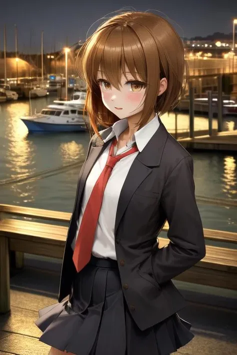 masterpiece, best quality, highres, <lora:Wakaba:1>, WakabaKCbrown hair, brown eyes, white shirt, black blazer, black skirt, red necktie, school uniform, outside, port, harbour, quay, soft lighting,