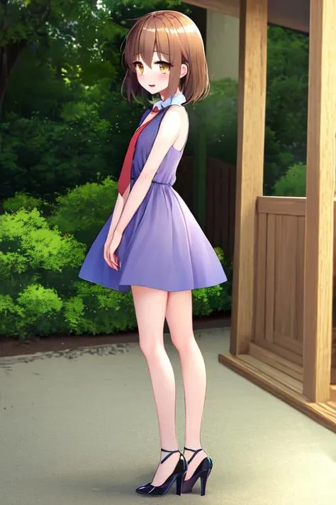 masterpiece, best quality, highres, <lora:Wakaba:1>, WakabaKC, brown hair, brown eyes, red necktie, green sundress, outside, soft lighting, green high heels, standing