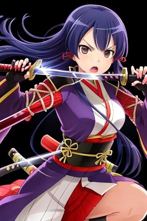 weapon, long_hair, sword, 1girl, fingerless_gloves, solo, japanese_clothes, gloves, katana, holding, sheath, open_mouth, unsheathing, holding_weapon, kimono, holding_sword, very_long_hair