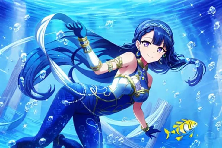 tomoe_tamao\(starlight\),tomoe_tamao\(pisces\),1girl, air bubble, armlet, bangs, blue hair, bracelet, braid, bubble, earrings, fish, gloves, hairband, jewelry, long hair, looking at viewer, purple eyes,  smile, solo, underwater, water, masterpiece, high_quality,Extremely Delicate Pixiv 8K-Illustration, Best Quality, Hyper Detailed, Intricate Details, Sun Dogs Effect, Depth Of Field,, (extremely detailed skin), (extremely detailed eyes), (extremely detailed face), (extremely detailed hair), (perfect anatomy), extremely detailed CG unity 8k wallpaper,thick highlights in eyes,extremely detailed glistening iris, perfect shading, perfect overlay, perfect highlights, color tress, colorful reflected light in eyes,