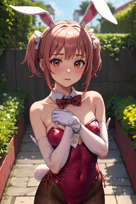 1girl, natural lighting, masterpiece, highly detailed, illustration, game CG, absurdres, high quality, aichan, large breasts, beautiful detailed eyes, medium bright pink hair, ponytail, bangs, glossy lips, light smile, garden, bunny ears, detached collar, wrist cuffs, strapless leotard, fishnets, leaning forward, looking at viewer