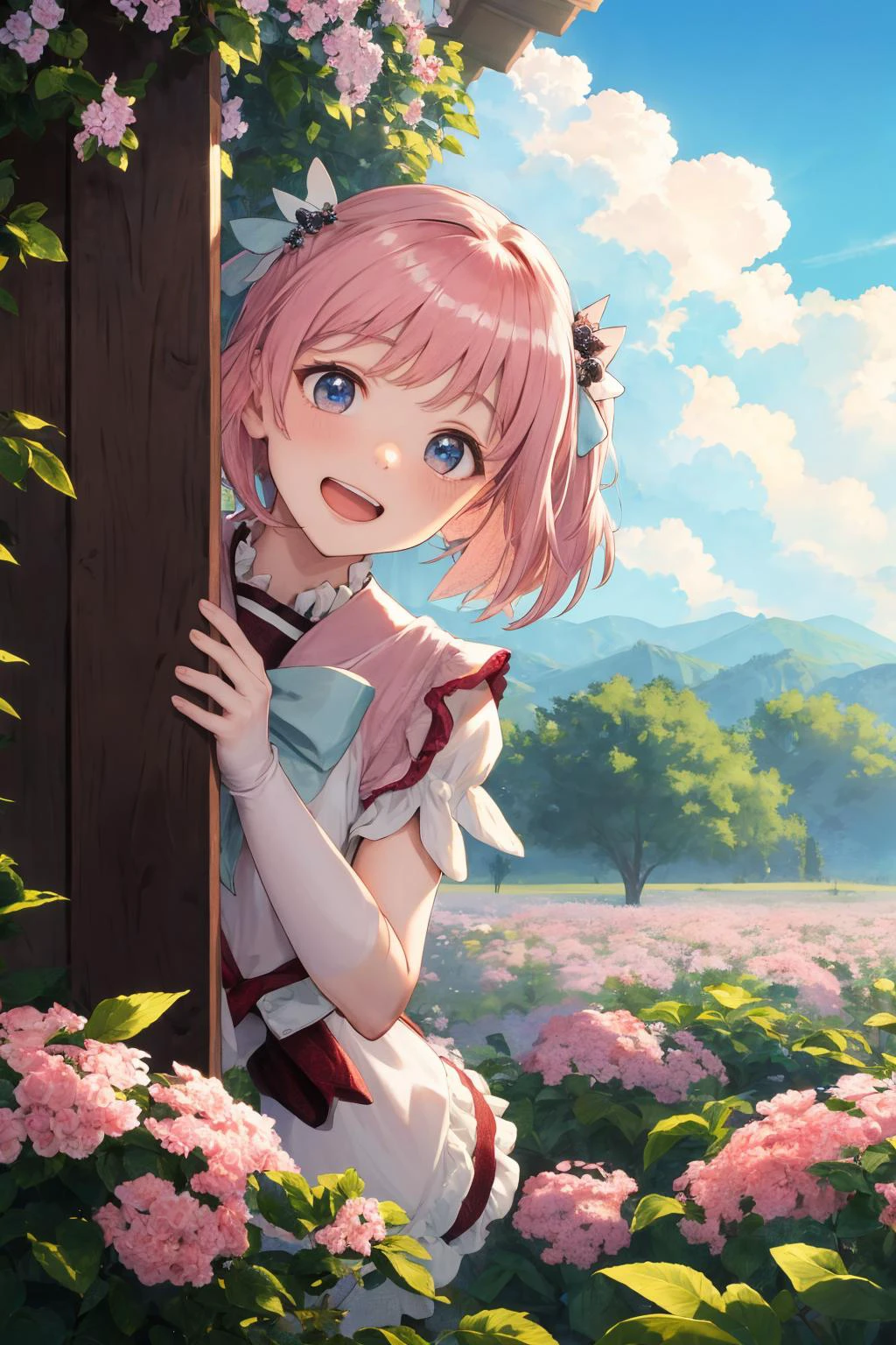 masterpiece, best quality, outdoors, blue sky, cloud,
MamikaFairy, 1girl, solo, smile, open mouth, :d, arm behind back,, <lora:Mamika_LoRA:1>, peeking out upper body <lora:peeking_out_upper_body_pruned:1.4> leaves, flowers