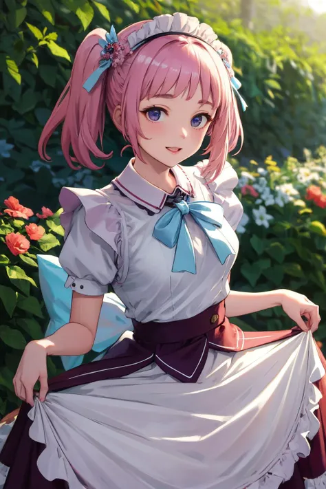 High resolution, ultra-detailed, ((((2D))), Japan person, 1 girl, -yeld hischool girl, (((pink hair)), intricate and beautiful braided hairstyle, pink school uniform, uniform by designer, short sleeves, (bob hair), dull bangs, finely detailed eyes, golden ratio face, 8 lifents, sunlight, complex iridescent light grains, complex light reflection, beautiful petal shower, background blue sky, transparency, hidden beauty, Smiling, depiction with depth, full body, full of energy, looking at the viewer, fantastic depiction, complex attraction, tenderness overflowing from within, neon, (beautiful fine petals or dancing: 1.3), less exposed skin, dynamism, (carefully drawn hands, fingers: 1.3), many flowers drawn, soft skin, heart ribbon, (Maximalism: 1.4)