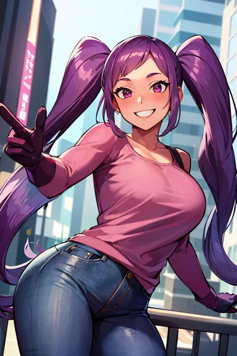 ((masterpiece,best quality)), absurdres, <lora:Entrapta_Shera:0.6>, Entrapta_Shera, solo, twintails, smiling, looking at viewer, cowboy shot, cinematic composition, dynamic pose, demin jeans, pink shirt, modern city, purple hair,