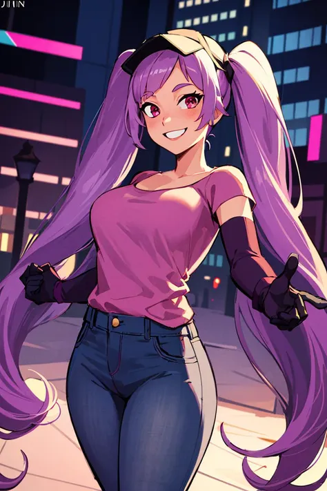 ((masterpiece,best quality)), absurdres, <lora:Entrapta_Shera:0.7>, Entrapta_Shera, solo, twintails, smiling, looking at viewer, cowboy shot, cinematic composition, dynamic pose, demin jeans, pink shirt, modern city, purple hair,