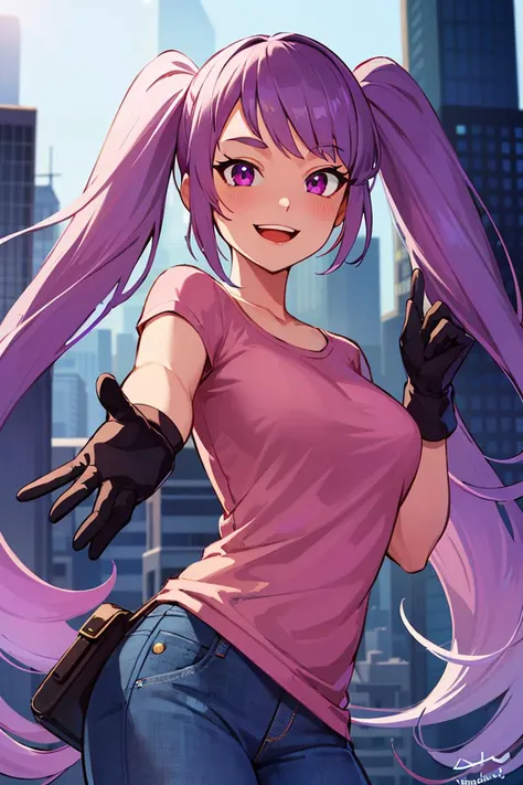 ((masterpiece,best quality)), absurdres, <lora:Entrapta_Shera:0.6>, Entrapta_Shera, solo, twintails, smiling, looking at viewer, cowboy shot, cinematic composition, dynamic pose, demin jeans, pink shirt, modern city, purple hair,