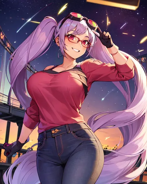 ((best quality)), ((highly detailed)), masterpiece, (detailed eyes, deep eyes), (1girl), (glasses), dynamic pose, cowboy shot, <lora:Entrapta_Shera:.6>, Entrapta_Shera, purple hair, very long hair, twintails, red eyes, breasts, smiling, denim jeans, pink shirt, goggles, (at a big bridge, twightlight, shooting star)