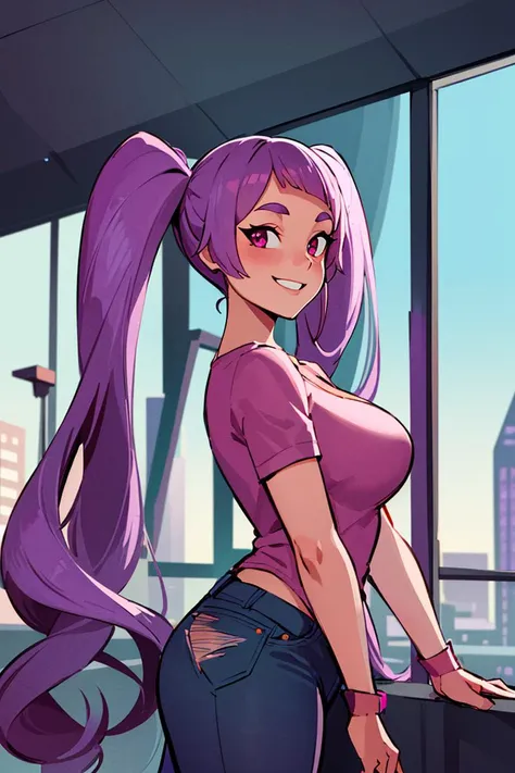 ((masterpiece,best quality)), absurdres, <lora:Entrapta_Shera:0.7>, Entrapta_Shera, solo, twintails, smiling, looking at viewer, cowboy shot, cinematic composition, dynamic pose, demin jeans, pink shirt, modern city, purple hair,