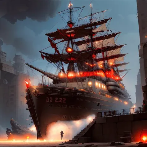 rendering, realistic, Blood Red and Light Yellow very overcomplicated (art deco:1.2) huge war machine in ship at 1920s, a society where people can upload their consciousness to a virtual world , (dieselpunkai:1.2), <lora:dieselpunkai_9MB:1>