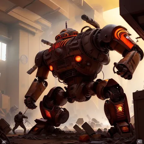 rendering, realistic,  Dark orange  and Coffee Brown very overcomplicated (art deco:1.2) huge war machine in messy room,  a rebellion against aI overlords , dieselpunkai,  <lora:dieselpunkai_9MB:1>