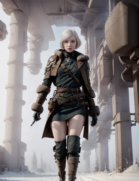 best quality, masterpiece, solo, portrait photo of a girl, fashion pose, dynamic action pose, white hair, bob cut, siberian atmosphere, winter, steampunk, soft light, dieselpunkai, mechanical girl, cyborg,
<lora:siberian atmosphere:1> < <lora:dieselpunkai_v10:0.5>