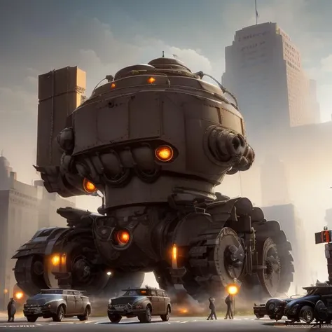rendering, realistic, Road Sign Brown and Caramel very overcomplicated (art deco:1.2) huge war machine in capitol building at 1920s, a society where people can upload their consciousness to a virtual world , (dieselpunkai:1.2), <lora:dieselpunkai_9MB:1>