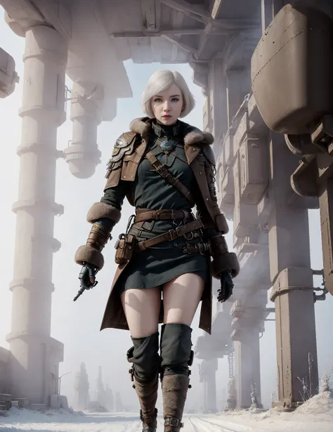 best quality, masterpiece, solo, portrait photo of a girl, fashion pose, dynamic action pose, white hair, bob cut, siberian atmosphere, winter, steampunk, soft light, dieselpunkai, mechanical girl, cyborg,
<lora:siberian atmosphere:1> < <lora:dieselpunkai_v10:0.5>