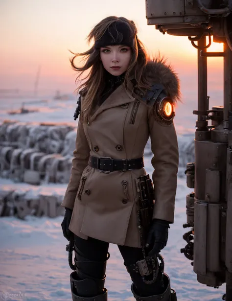 best quality, masterpiece, solo, portrait photo of a girl, mechanical girl, cyborg, fashion pose, dynamic action pose, bob hair, siberian atmosphere, winter, steampunk, sunset, explosion, dieselpunkai,
<lora:siberian atmosphere:1> < <lora:dieselpunkai_v10:0.2>