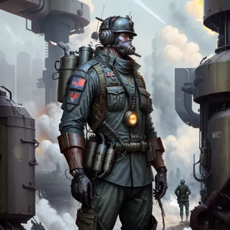 <lora:dieselpunkai8:1>, dieselpunkai, male soldier in full dieselpunk gear retro-futuristic ww1