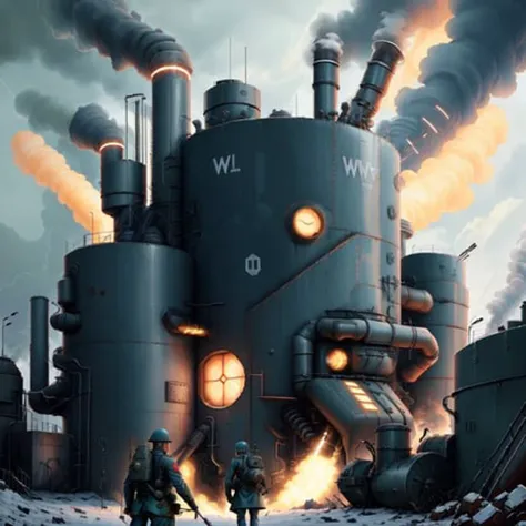 <lora:dieselpunkai8:1>, dieselpunkai, war factory retro-futuristic ww1