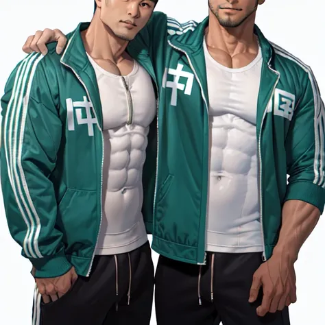 <lora:turbomale_LoraV6:1> ,1man, chinese muscular man, short hair,  make a fist, looking at viewer,  <lora:zhongguoJacket_v10:0.8>, (zhongguo_jacket:1.2), man sport pants, white Men's Tank Top ,(zipped_clothes:1.2), school background