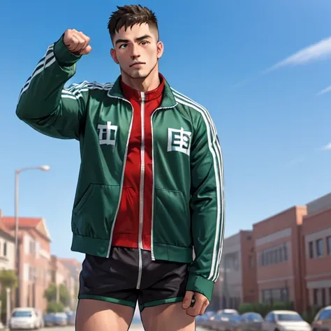 <lora:turbomale_LoraV6:1> ,1man, muscular man, short hair, , make a fist, looking at viewer,  <lora:zhongguoJacket_v10:0.8>, zhongguo_jacket, (zipped_clothes:1.2), school