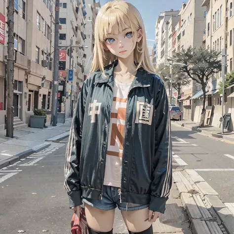 High detailed, 1girl, standing, cowboy shot, blonde hair, street, blue eyes, jacket, denim shorts, zettai ryouiki, <lora:zhongguoJacket_v10:1>