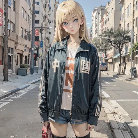 High detailed, 1girl, standing, cowboy shot, blonde hair, street, blue eyes, jacket, denim shorts, zettai ryouiki, <lora:zhongguoJacket_v10:1>
