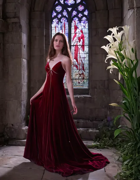 Amidst the fading twilight's ethereal glow, enshrouded in a flowing crimson velvet gown, Jenny stands, her enchanting as a white lily held, before a cathedral's crumbling stone walls, stained-glass windows casting prismatic beams of light across her delicat frame. <lora:sjrhnr18fb6e7fd87s17c:1>