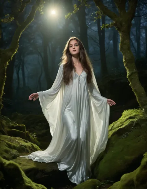 In the eerie allure of a twilight-kissed enchanted forest, Jen, a young woman cloaked in flowing white silk that billows like moonlight itself, stands on a moss-covered stone pedestal, one hand gracefully outstretched towards a solitary, luminescent flower blooming at its base. Her long cascading hair woven with threads of silver and gold shimmers in the magical light, as if spun from moonbeams themselves; her captivating emerald eyes brimming with an otherworldly allure seem to hold the secrets of universe. The camera poised a low angle captures her ethereal beauty from below, drawing the viewer into the enchanting scene as stepping into a dream, with distant shimmer glow of hidden castle on horizon adding an air of mystery and intrigue to this magical tableau. Jenny <lora:sjrhnr18fb6e7fd87s17c:1>