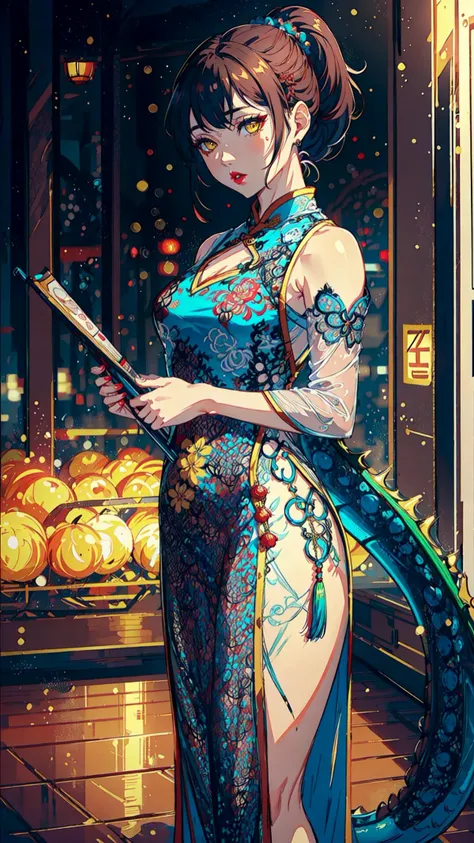 (8k, HDR, RAW photo, best quality, masterpiece:1.2),(award winning photo), (solo:1.6),(antopomorf dragongirl:1.3), scale, clear eyes,
,ponytail, (beautiful yellow eyes), pretty asian face, lipstick, eyeshadow, perfect_body, (bokeh:1.2), highly detailed, intricate details ,
,tutututu, cheongsam,(see-through),
<lora:tutuqpqp_0001:0.85>