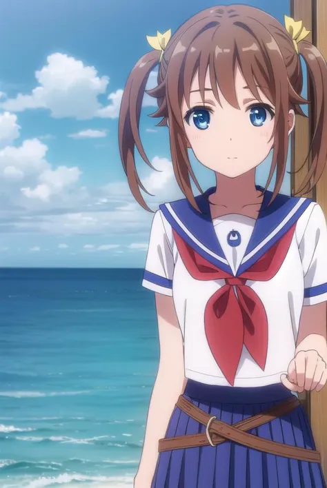 akenomisaki, <lora:akeno misaki s1-lora-nochekaiser:1>,
akeno misaki, ribbon, short hair, blue eyes, brown hair, twintails, hair ribbon, smile,
BREAK skirt, school uniform, short sleeves, pleated skirt, serafuku, socks, blue skirt, neckerchief, red neckerchief, white sailor collar,
BREAK outdoors, ocean, boat, navy,
BREAK looking at viewer, (cowboy shot:1.5),
BREAK <lyco:GoodHands-beta2:1>, (masterpiece:1.2), best quality, high resolution, unity 8k wallpaper, (illustration:0.8), (beautiful detailed eyes:1.6), extremely detailed face, perfect lighting, extremely detailed CG, (perfect hands, perfect anatomy),