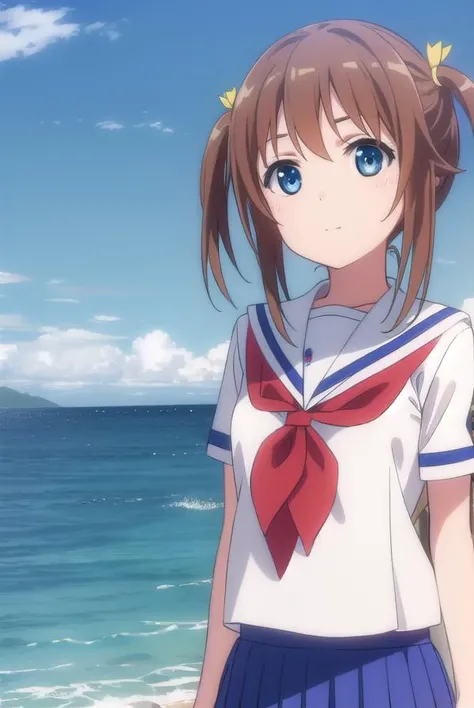 akenomisaki, <lora:akeno misaki s1-lora-nochekaiser:1>,
akeno misaki, ribbon, short hair, blue eyes, brown hair, twintails, hair ribbon, smile,
BREAK skirt, school uniform, short sleeves, pleated skirt, serafuku, socks, blue skirt, neckerchief, red neckerchief, white sailor collar,
BREAK outdoors, ocean, boat, navy,
BREAK looking at viewer, (cowboy shot:1.5),
BREAK <lyco:GoodHands-beta2:1>, (masterpiece:1.2), best quality, high resolution, unity 8k wallpaper, (illustration:0.8), (beautiful detailed eyes:1.6), extremely detailed face, perfect lighting, extremely detailed CG, (perfect hands, perfect anatomy),