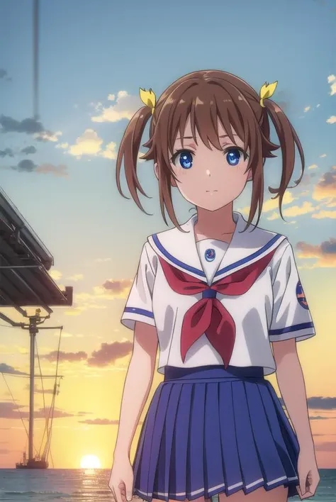 akenomisaki, <lora:akeno misaki s1-lora-nochekaiser:1>,
akeno misaki, ribbon, short hair, blue eyes, brown hair, twintails, hair ribbon, smile,
BREAK skirt, school uniform, short sleeves, pleated skirt, serafuku, socks, blue skirt, neckerchief, red neckerchief, white sailor collar,
BREAK outdoors, ocean, boat, navy,
BREAK looking at viewer, (cowboy shot:1.5),
BREAK <lyco:GoodHands-beta2:1>, (masterpiece:1.2), best quality, high resolution, unity 8k wallpaper, (illustration:0.8), (beautiful detailed eyes:1.6), extremely detailed face, perfect lighting, extremely detailed CG, (perfect hands, perfect anatomy),