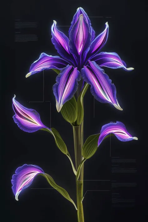 a bioluminescent Hyacinth, black background, J_diagram <lora:J_diagram:1>